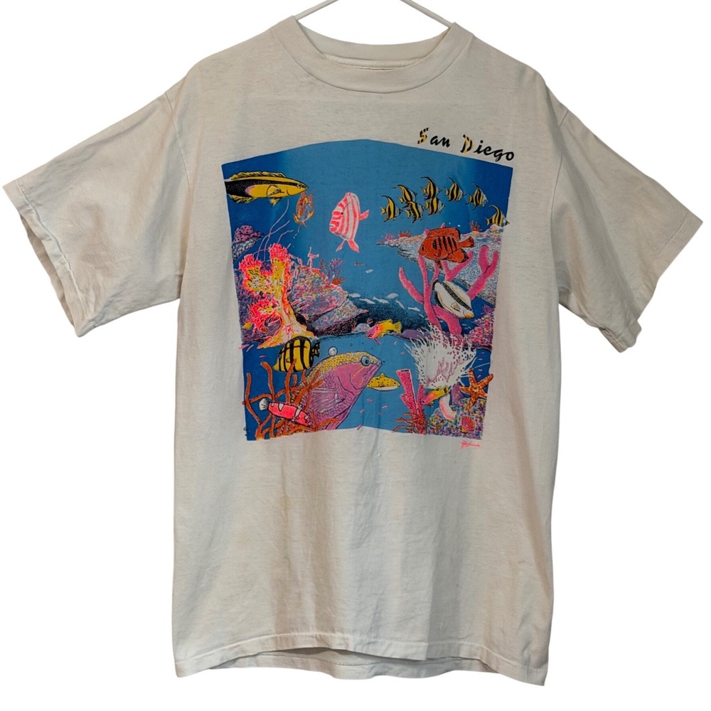 Vintage Hazelwood San Diego Fish Tropical Graphic Tee Shirt Mens Size L Cotton